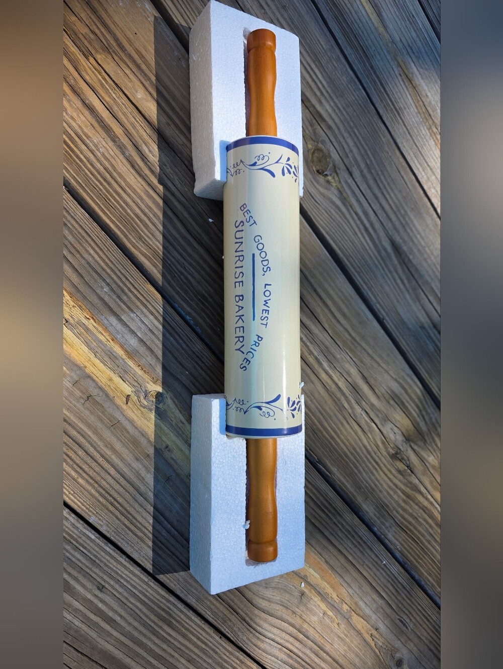 New Vintage Sunrise Bakery Ceramic  Rolling Pin - Cream with Wood Handles